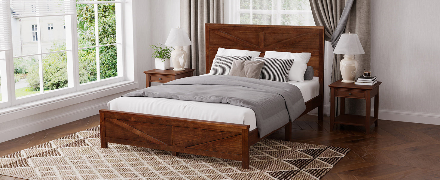 Farmhouse Style Queen Size Bed with Barn Door Designed Headboard and Footboard, Pinewood Bed with Strengthened Bed Frame ,White