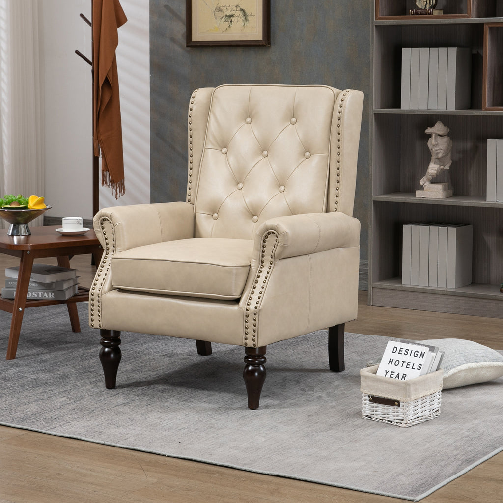 Camel accent armchair with wide backrest — angle view