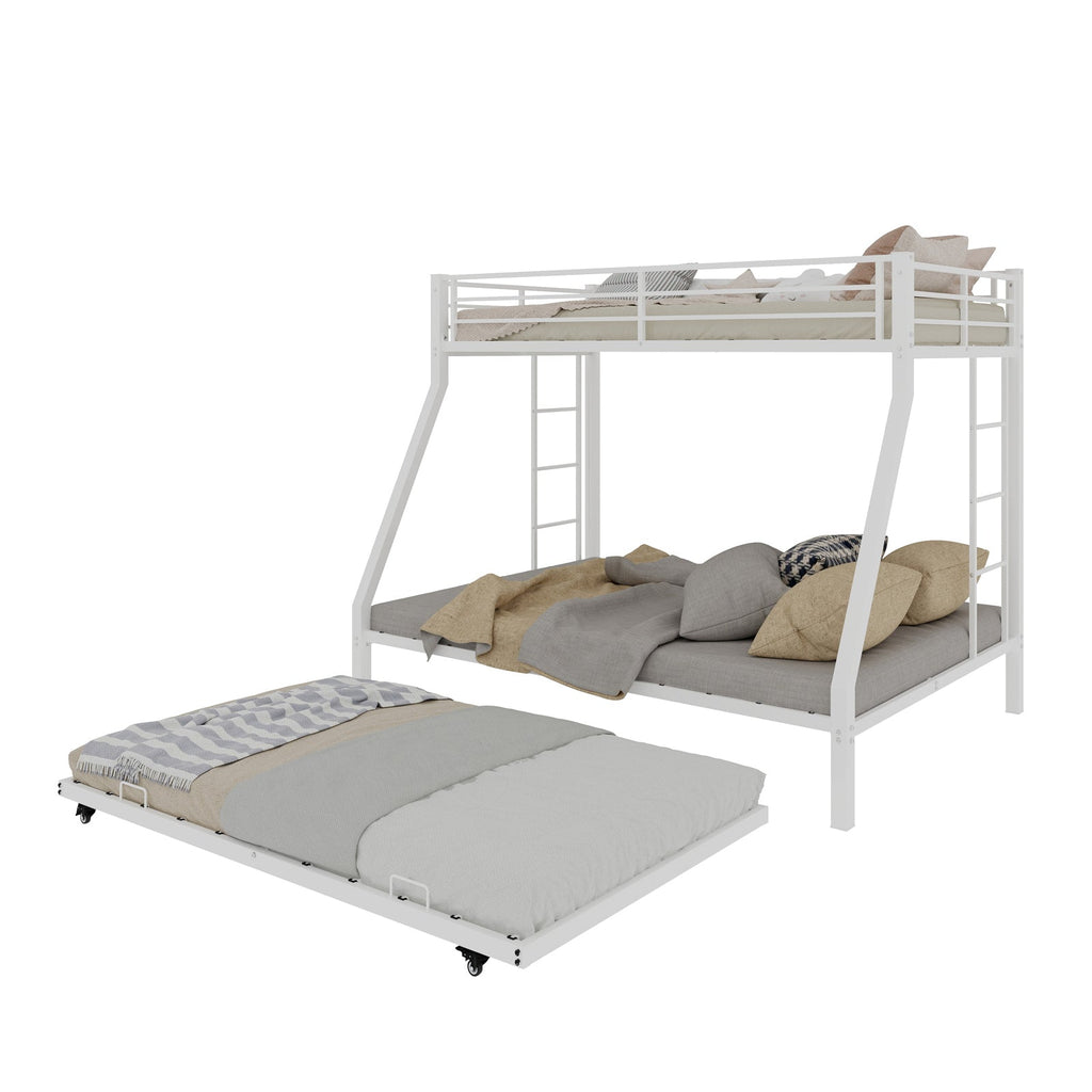 Modern Minimalist Square Tube Iron Bunk Bed with Ladder and Rolling Trundle, Full Size 137cm x 190cm, Black