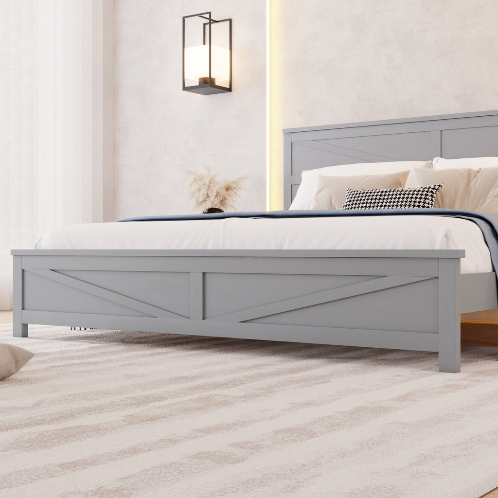 Farmhouse Style King Size Bed with Barn Door Designed Headboard and Footboard, Pinewood Bed with Strengthened Bed Frame,White