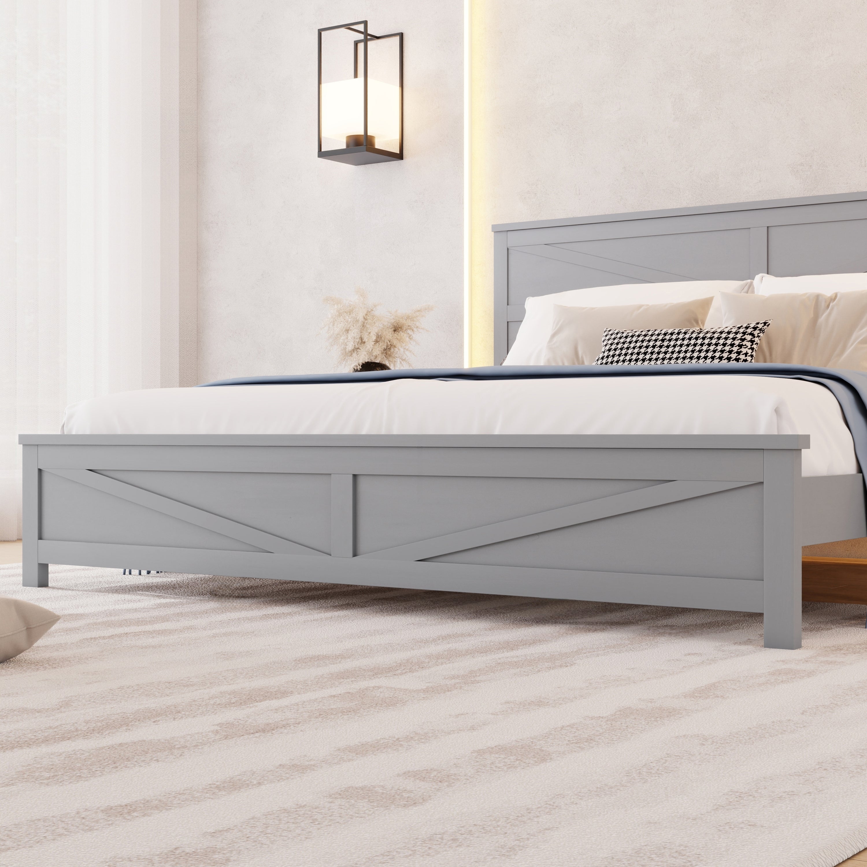 Farmhouse Style King Size Bed with Barn Door Designed Headboard and Footboard, Pinewood Bed with Strengthened Bed Frame,White