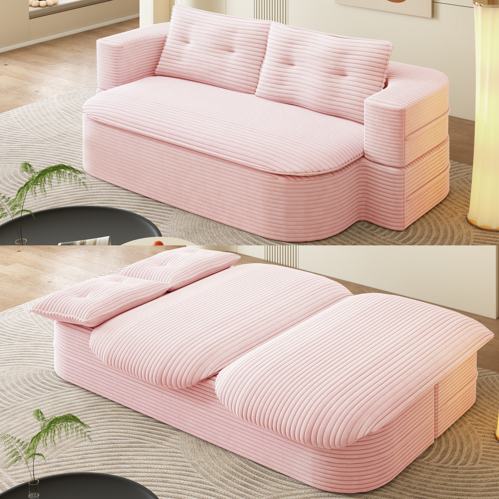 78.7' Modern 2-in-1 Foldable Sofa with Functional Blanket and 2 Soft Pillows,Comfortable Plush Corduroy Fabric Sofa,Convertible Sleeper Sofa Bed,Deep Seat Sofa Couch for Living Room,Bedroom,Baby Pink