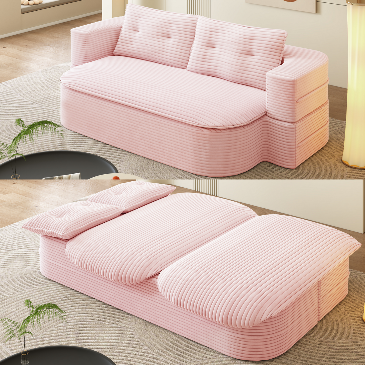78.7' Modern 2-in-1 Foldable Sofa with Functional Blanket and 2 Soft Pillows,Comfortable Plush Corduroy Fabric Sofa,Convertible Sleeper Sofa Bed,Deep Seat Sofa Couch for Living Room,Bedroom,Baby Pink