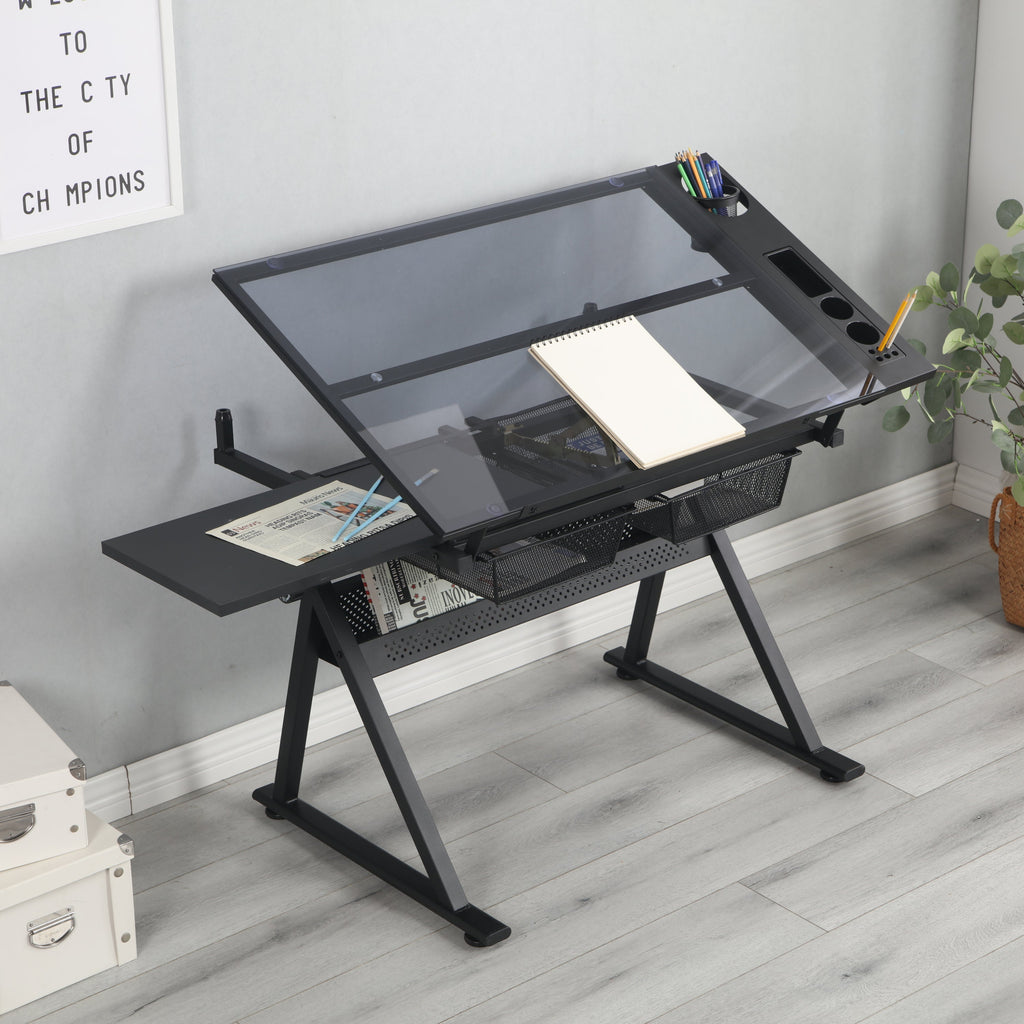 Adjustable Glass Drafting Table with Metal Drawers & Stool