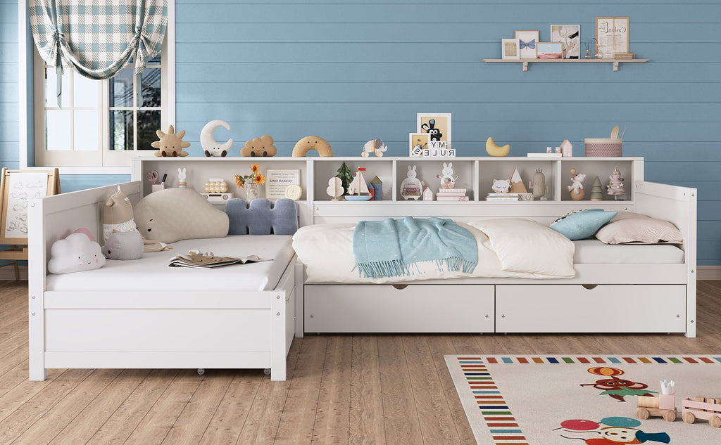 Twin Size Day Bed for 2, L- Shape Twin Size Bed Frame with Storage 3 Drawers, Wooden Corner Bed with Bookshelf, Corner Bed Frame For Bedroom, Living Room,Grey