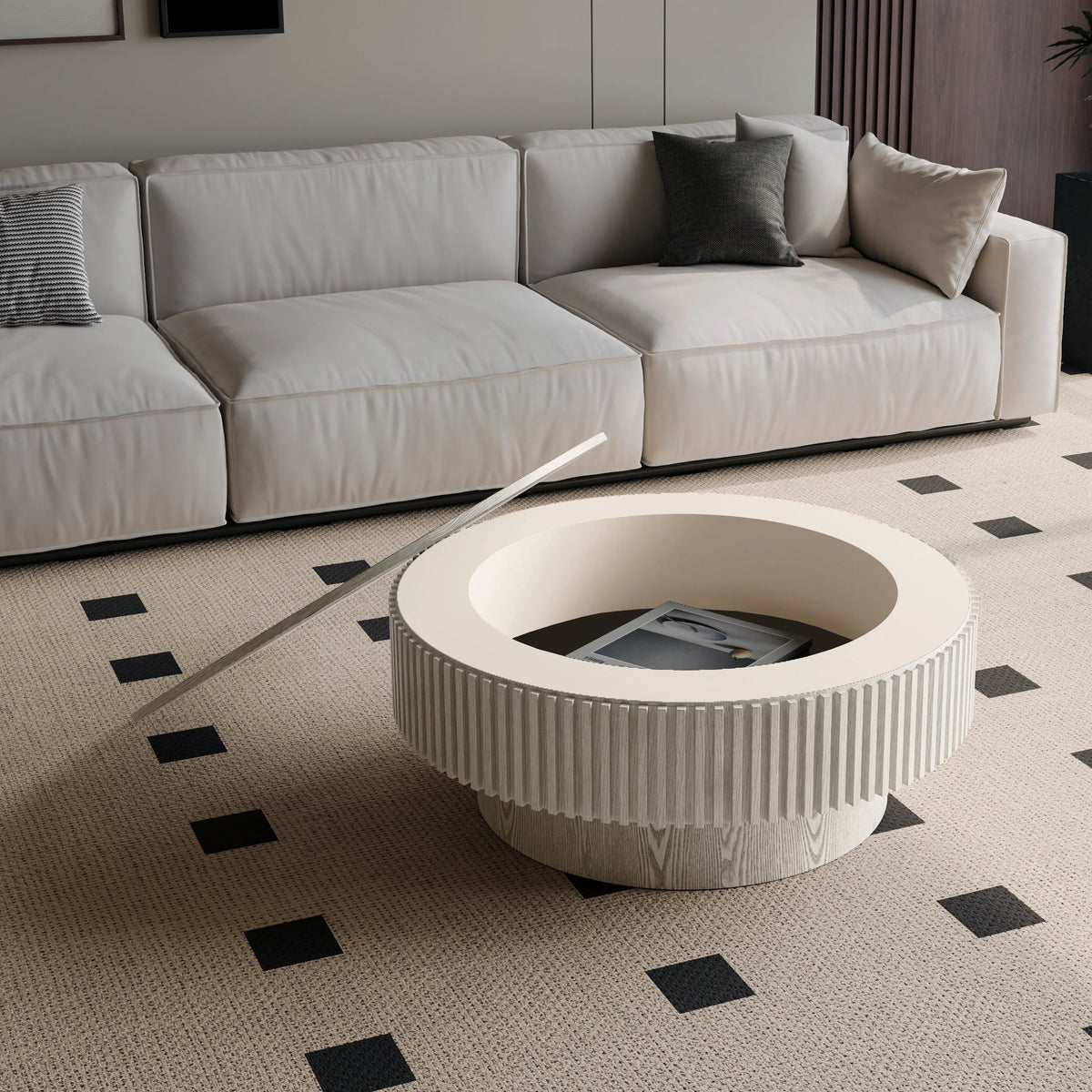 31.5'' Round Coffee Table with Storage Solid Wood Veneered Modern Coffee Table Accent Tea Table for Living Room, Bedroom, Apartment or Office, Grey