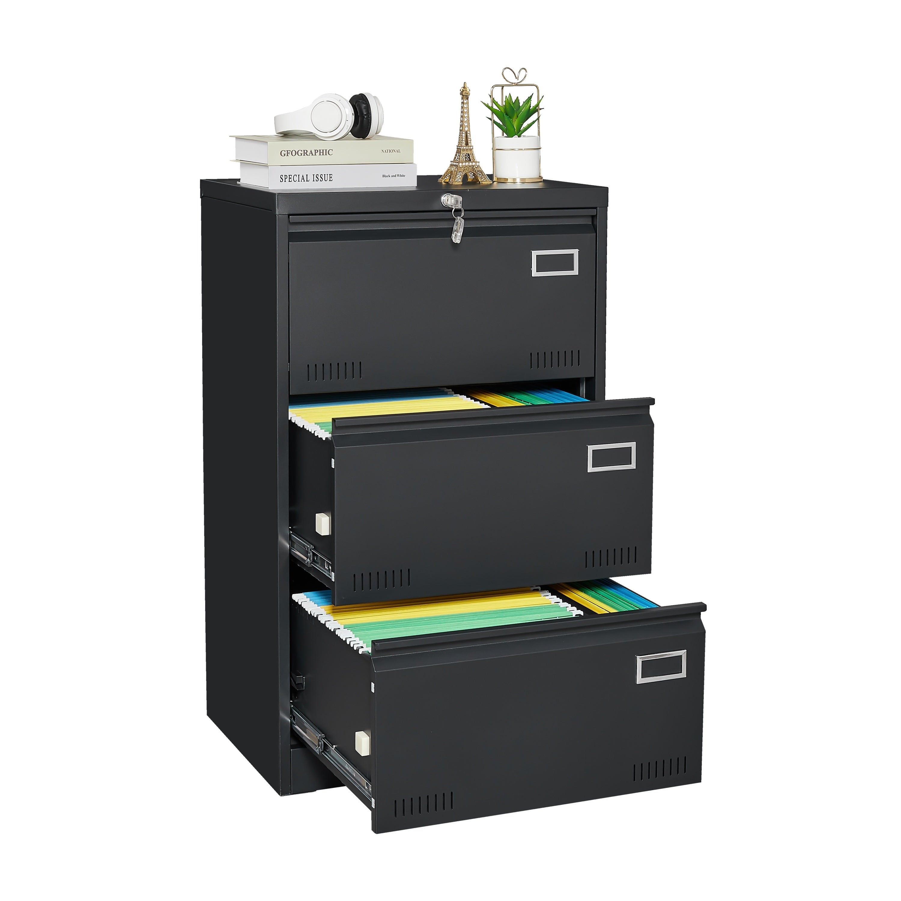 Black lateral file cabinet drawer open detail