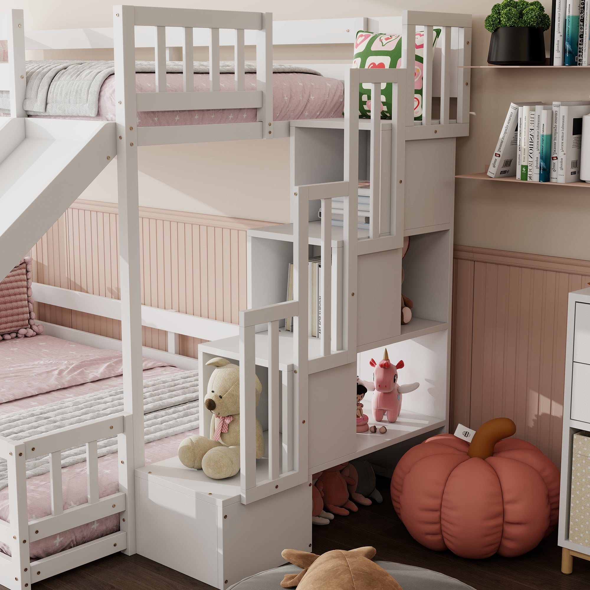 Twin Over Full Bunk Bed with Slide, Storage Staircase, Pine Solid Wooden Bunk Bed with Safety Guardrails ,Grey (Old Sku W504S00184)
