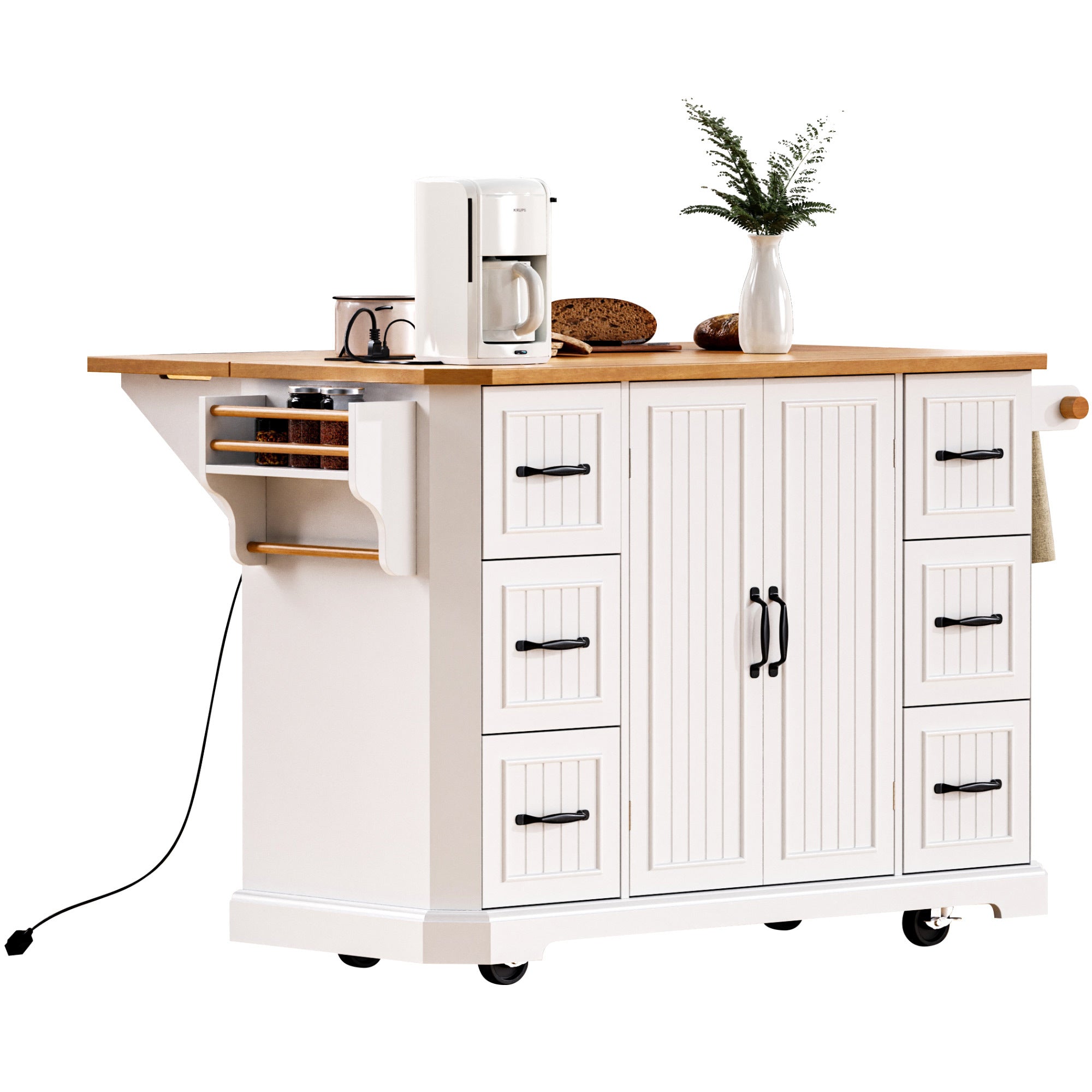 K&K 56 inch Kitchen Island with Rubber Wood Veneer Drop Leaf, Power Outlet, 4 Door Shelves, Embossed Vertical Stripe Rolling Kitchen Cart on 4 Wheels with 6 Deep Drawers for Kitchen, Dining Room,Black