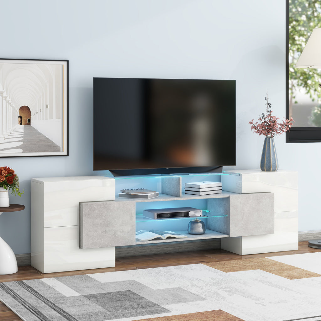 Grey high gloss TV stand with LED glass shelves — front view