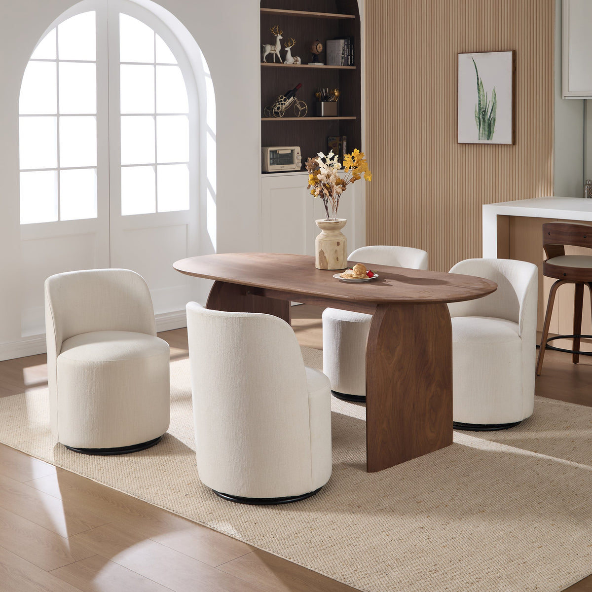 Set Of 1 Upholstered Kitchen & Dining Room Barrel Chair, Mid Century Modern Round Linen Dining Chair, 360 Degree Swivel Comfy Armless Accent Makeup Vanity Side Chair for Bedroom Living Room