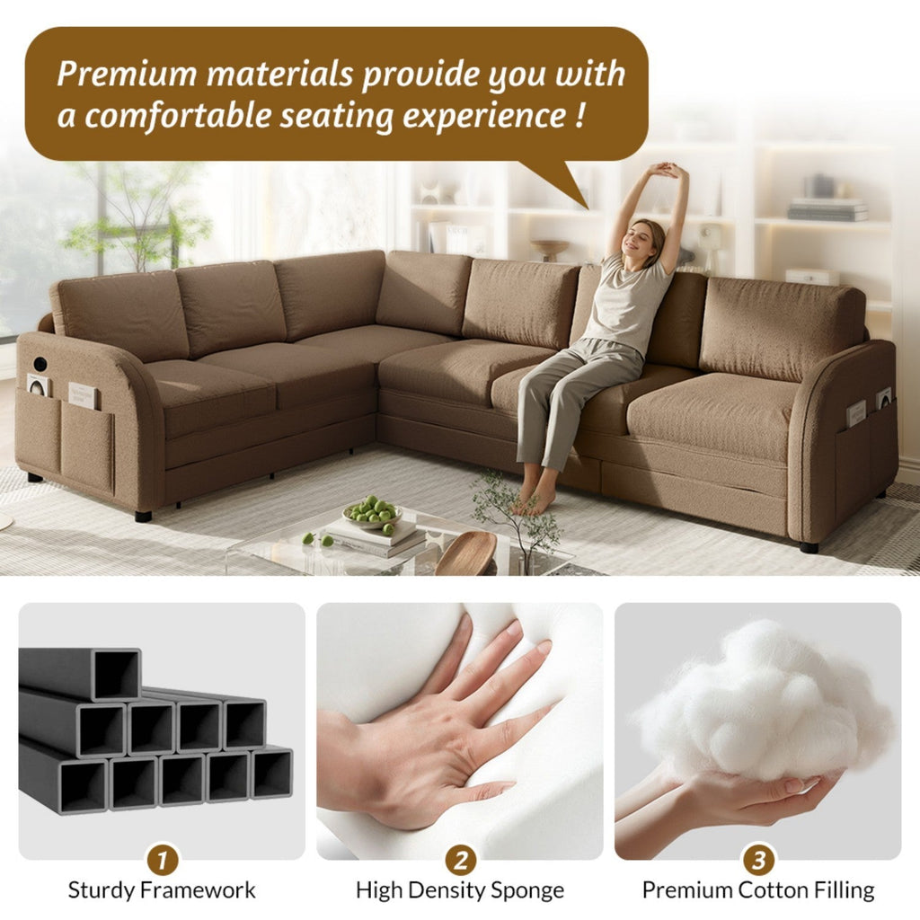 115.2' L-Shaped Sofa Couch with Pull-Out Bed,Oversize Convertible Sleeper Sofa with side Pocket & USB Port,Teddy Upholstered Sectional Couches with Convert Left/Right Facing, Light Grey
