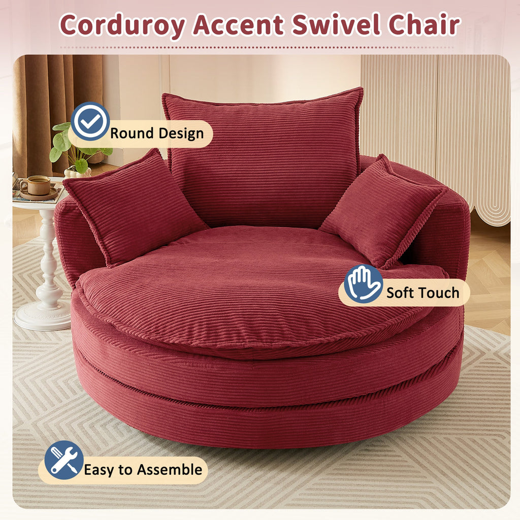 Corduroy Swivel Barrel Chair — 360° with Removable Pillows