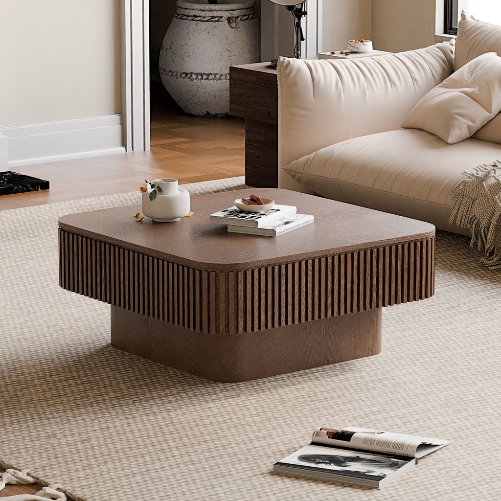31.5'' Square Coffee Table with Storage Solid Wood Veneered Modern Coffee Table Accent Tea Table for Living Room, Bedroom, Apartment or Office, Natural Wood
