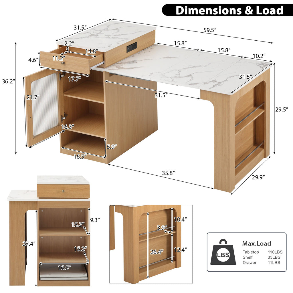 K&K 59.5' Kitchen Island with Extendable Dining Table, Kitchen Storage Table with Double-sided Storage, Kitchen Island with 2 Drawers, Power Outlet, Side Open Shelves, for Kitchen, Dining Room, Black