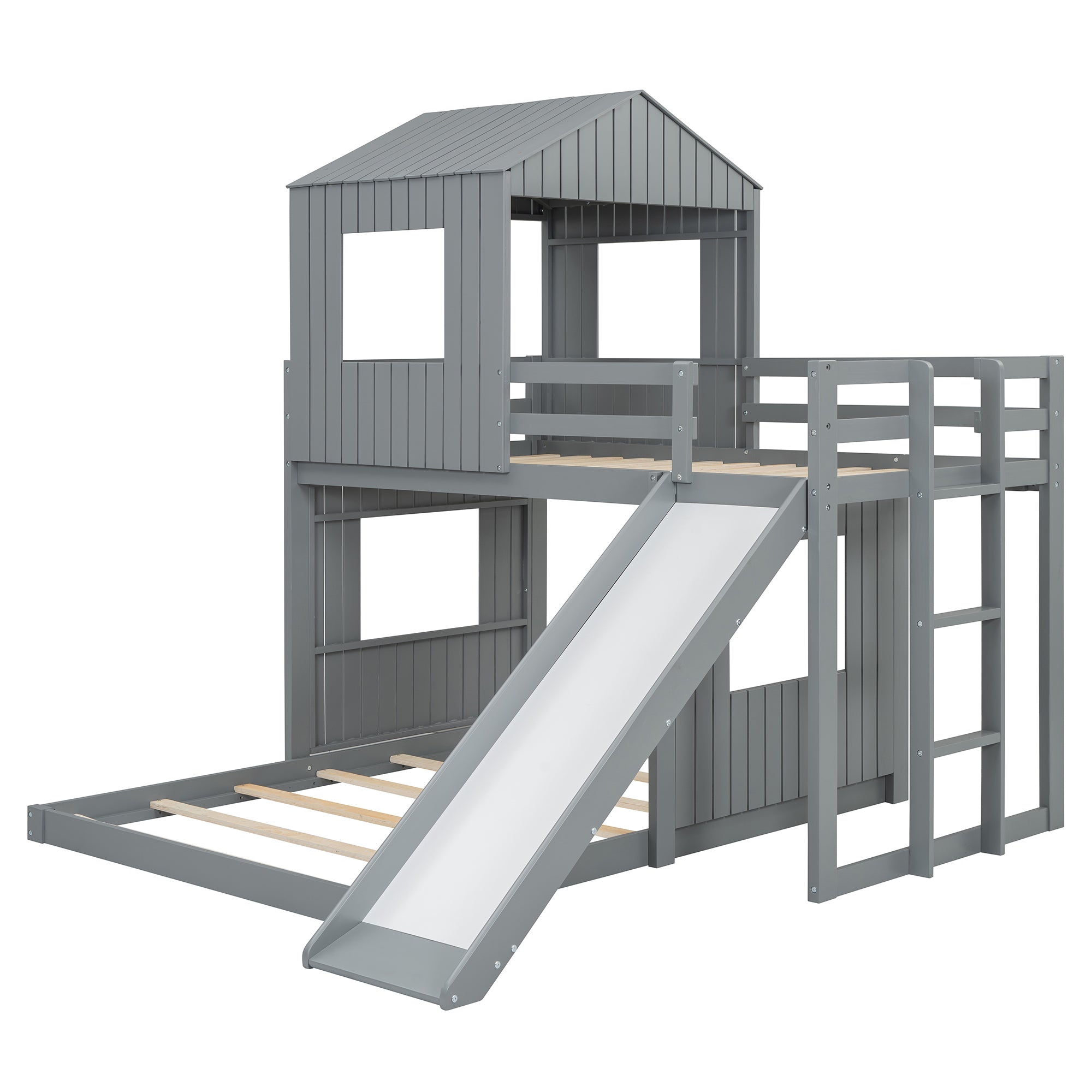 Playhouse bunk bed with integrated ladder and slide detail