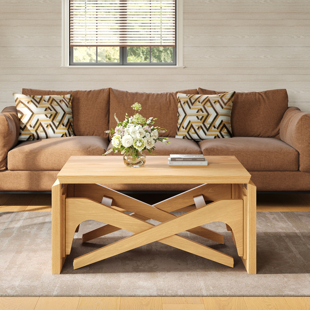Transformer coffee table, 2 in 1 table, Expandable dining table, Natural wood, Variable height
