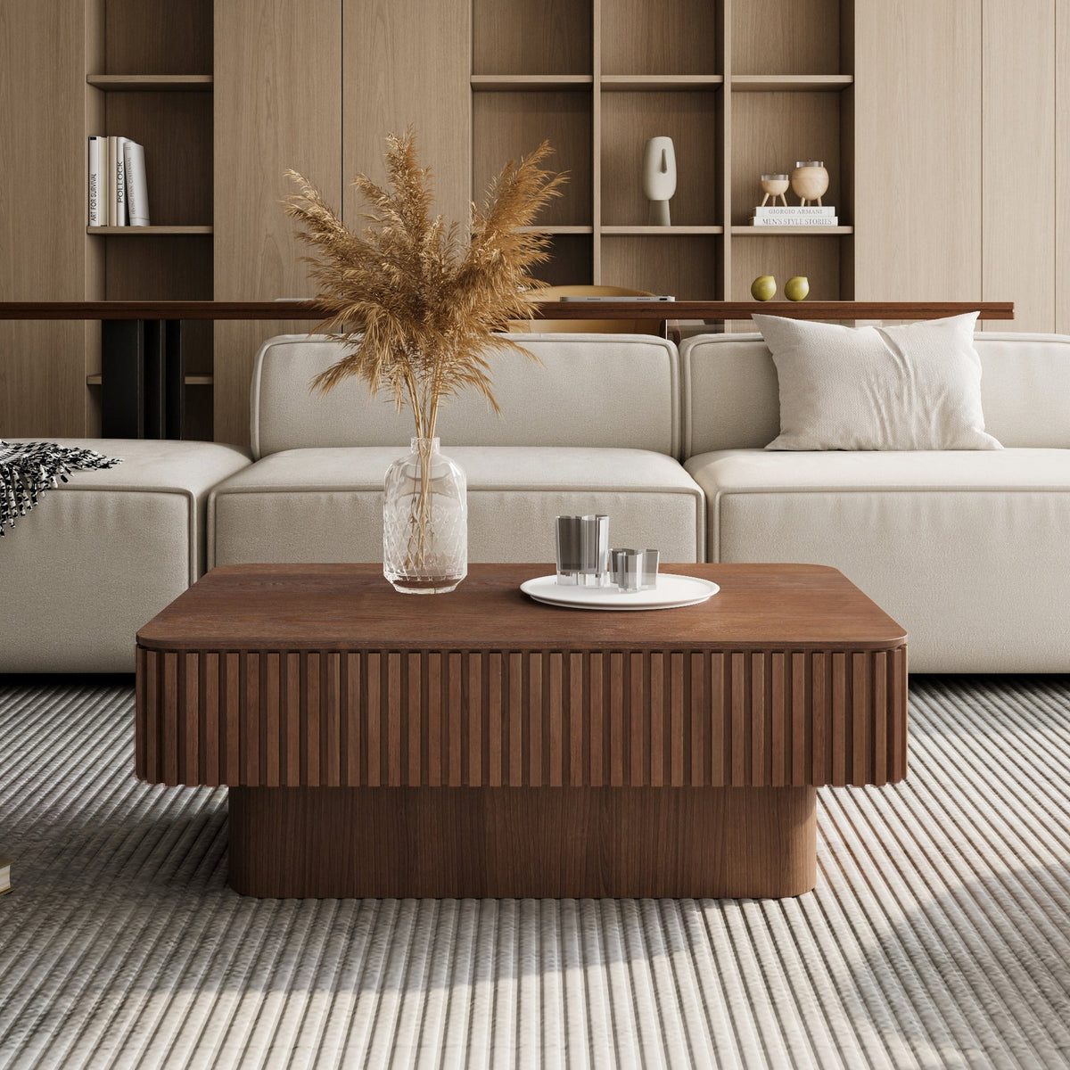 38.6'' Fluted Lift-top Coffee Table Solid Wood Veneered Modern Coffee Table Accent Tea Table with Storage and Adjustable Height for Living Room, Bedroom, Apartment or Office, Grey