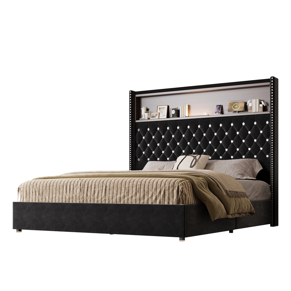 Queen Size Velvet Tufted Soft Bed Frame with USB Port and Night Light,52'' High Headboard with Rivet Decoration, Wing-back Platform Bed with Headboard Shelf, Beige