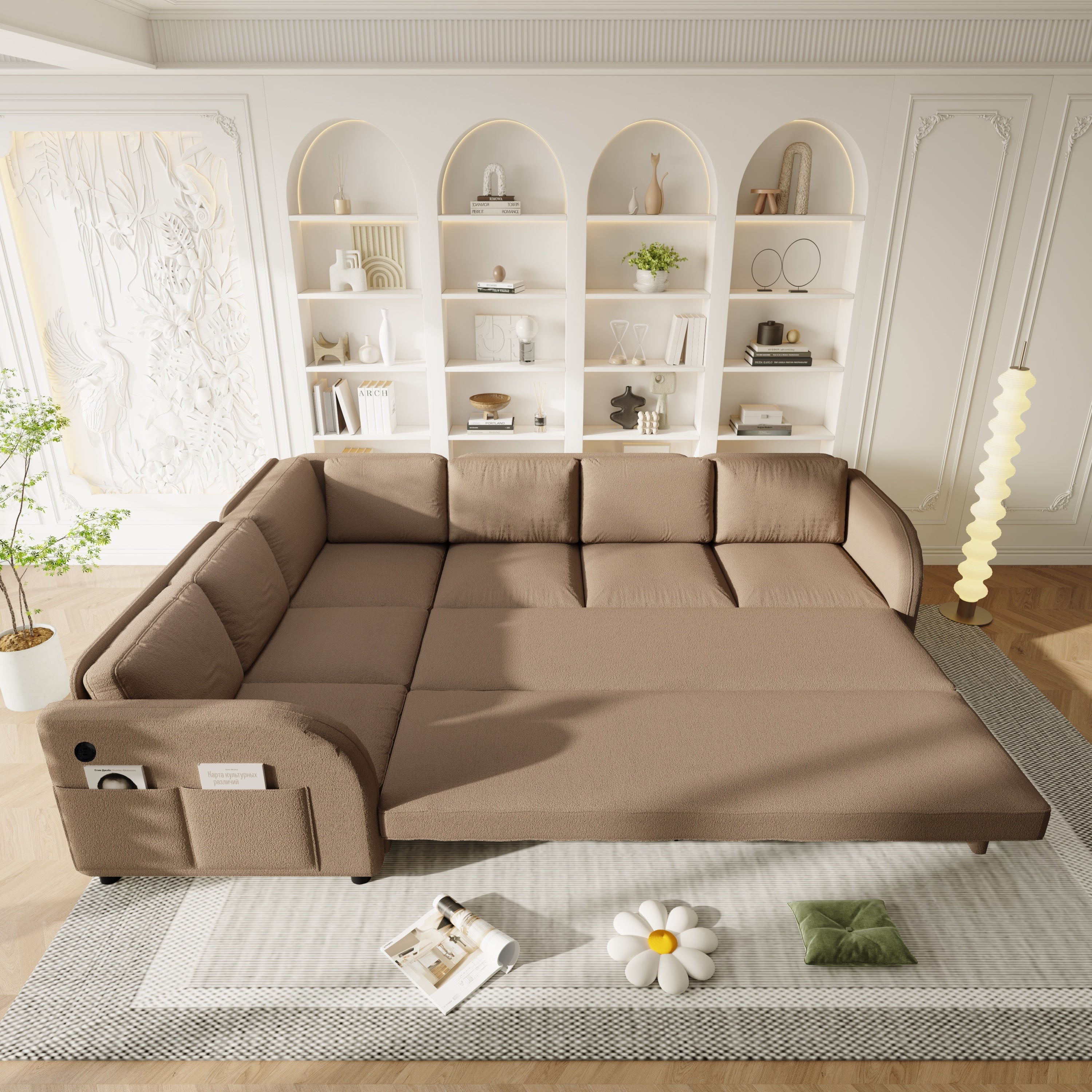 115.2' L-Shaped Sofa Couch with Pull-Out Bed,Oversize Convertible Sleeper Sofa with side Pocket & USB Port,Teddy Upholstered Sectional Couches with Convert Left/Right Facing, Light Grey