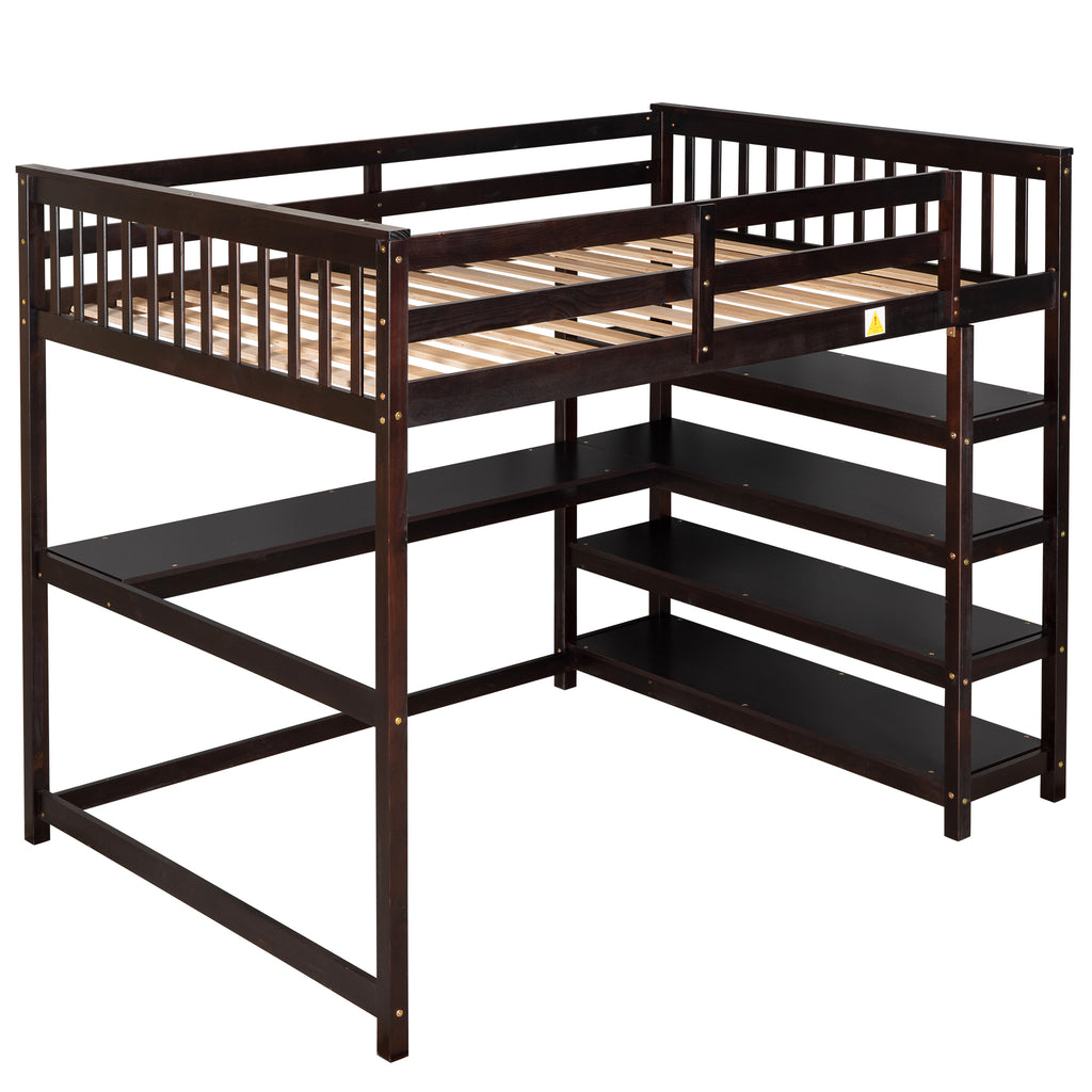 Under-bed desk and shelf storage layout