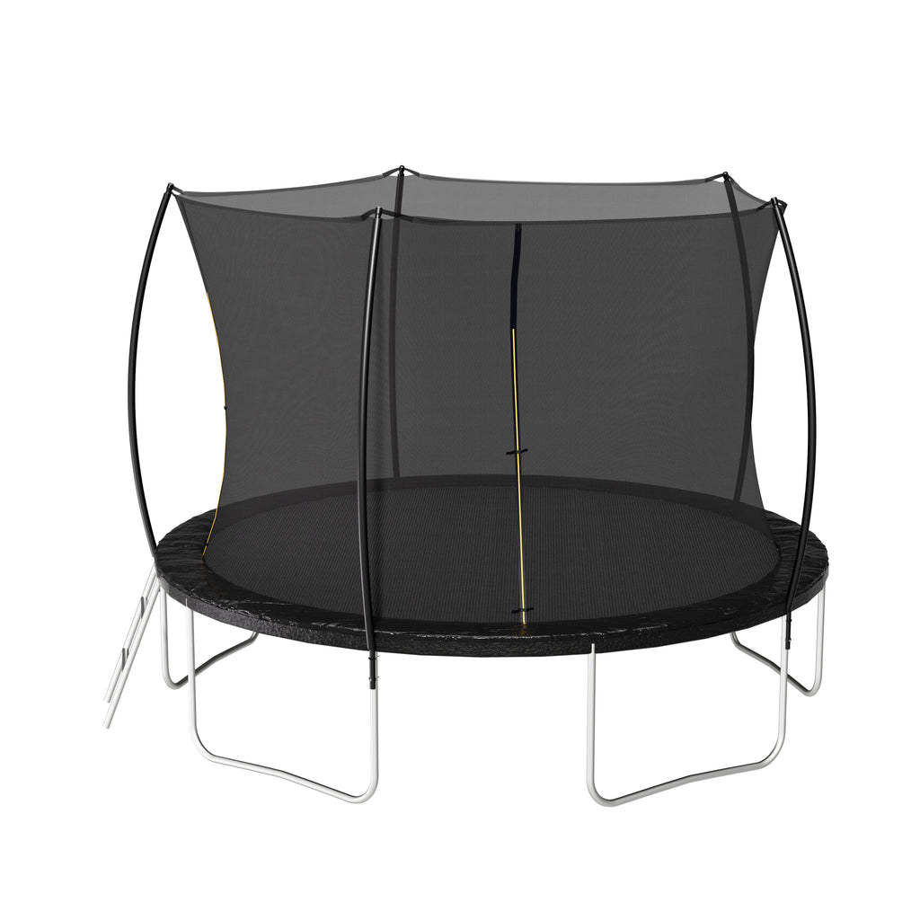 Outdoor trampoline curved enclosure poles double-sided pad — angle view