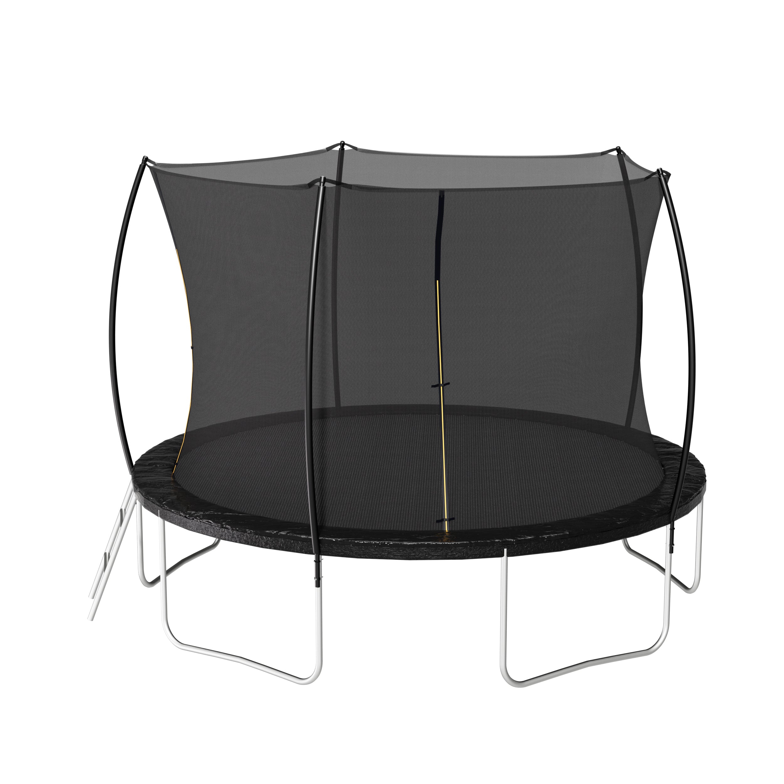 Outdoor trampoline curved enclosure poles double-sided pad — angle view