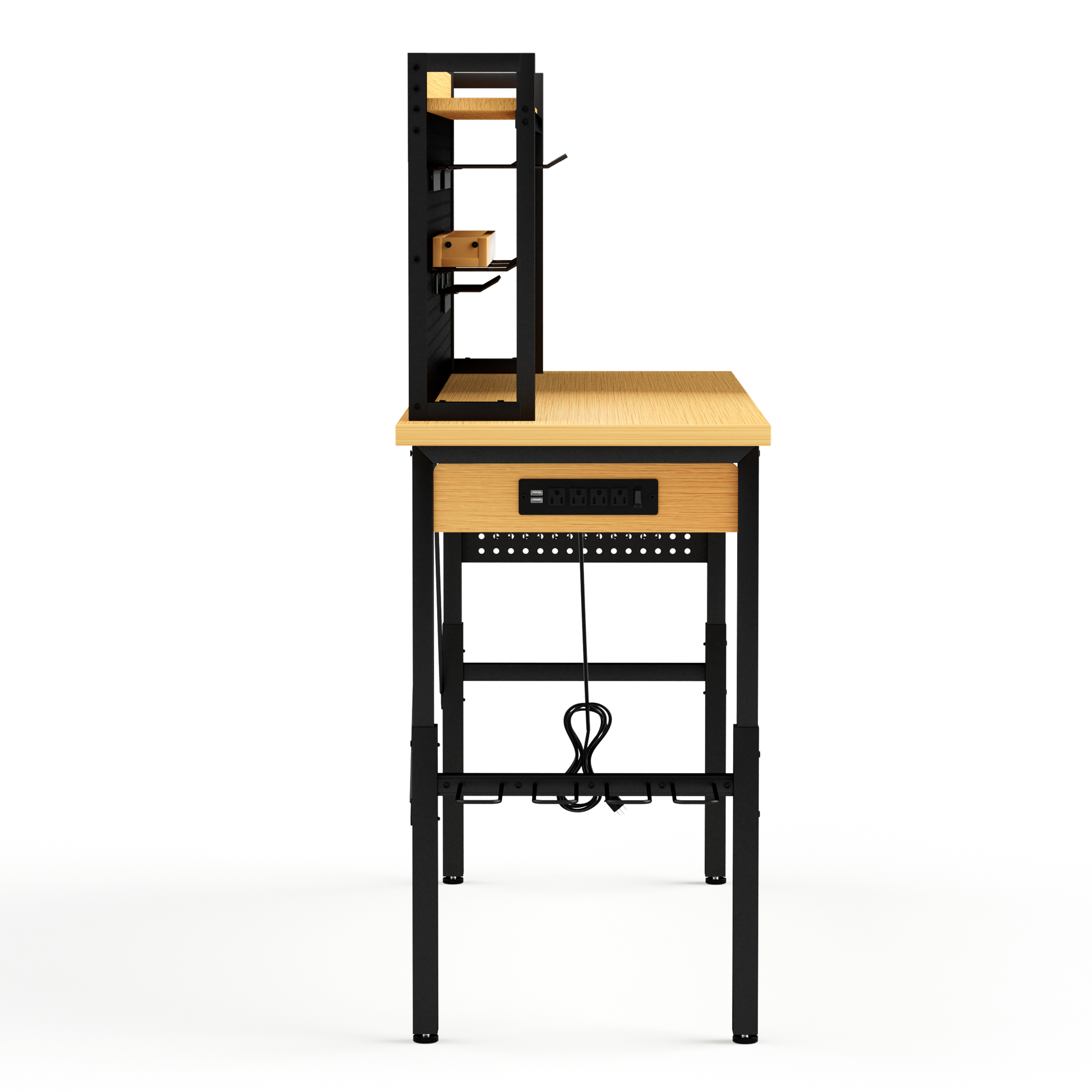 Workbench side profile with shelf and pegboard storage