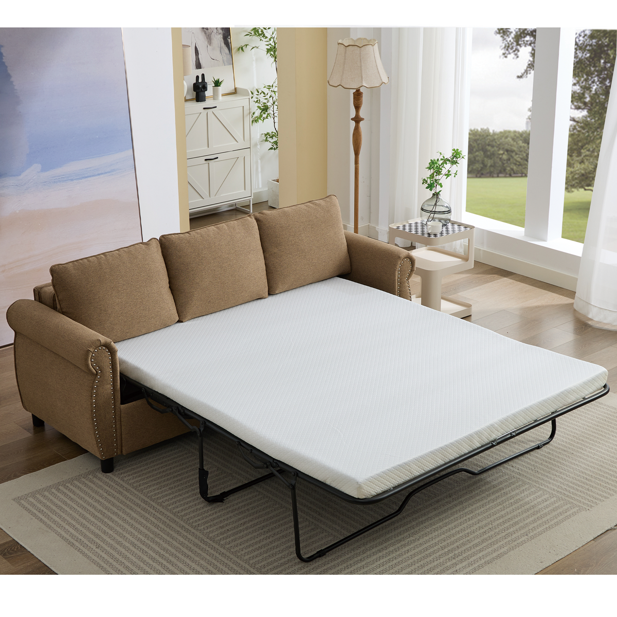 [NEW ARRIVED] [VIDEO PROVIDED] 81.5' 2-in-1 Queen Convertible Sleeper Sofa Bed, Pull Out Couch Bed,3 seater sofa bed,with 3.35' Memory Foam Mattress ,Rivet handrail,Beige(Old sku:W2108S00091)