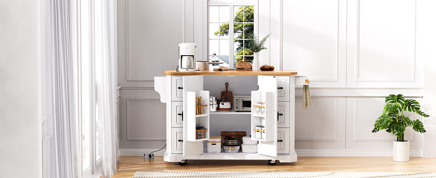 K&K 56 inch Kitchen Island with Rubber Wood Veneer Drop Leaf, Power Outlet, 4 Door Shelves, Embossed Vertical Stripe Rolling Kitchen Cart on 4 Wheels with 6 Deep Drawers for Kitchen, Dining Room,Black