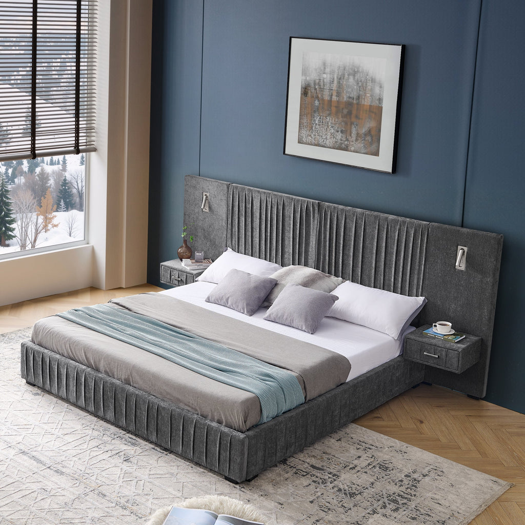 King Size Upholstered Bed Frame with Chenille fabric with pleated design,Grounded King Size Platform Bed with Headboard and Solid Frame and the bedside table.No Box Spring Needed-Blue-Green