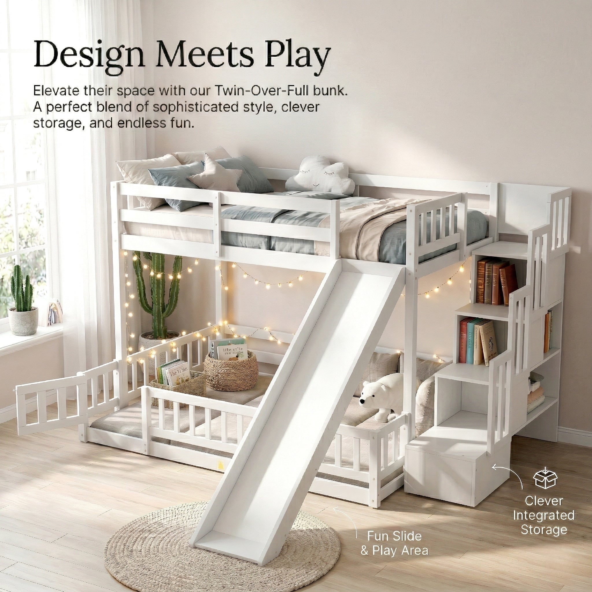Twin Over Full Bunk Bed with Slide, Storage Staircase, Pine Solid Wooden Bunk Bed with Safety Guardrails ,Grey (Old Sku W504S00184)
