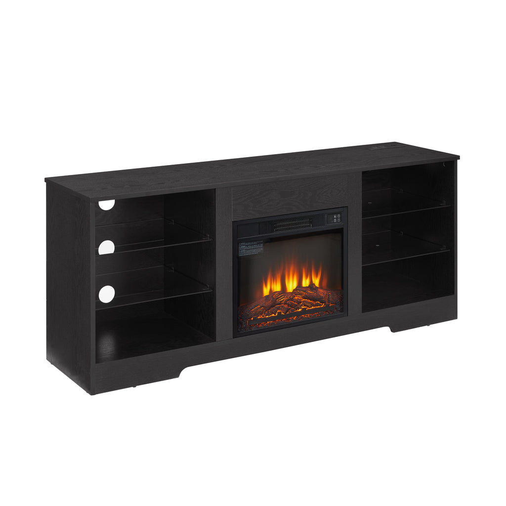 TV Stand with Electric Fireplace — Glass Shelves & USB Outlets for TVs Up to 62"