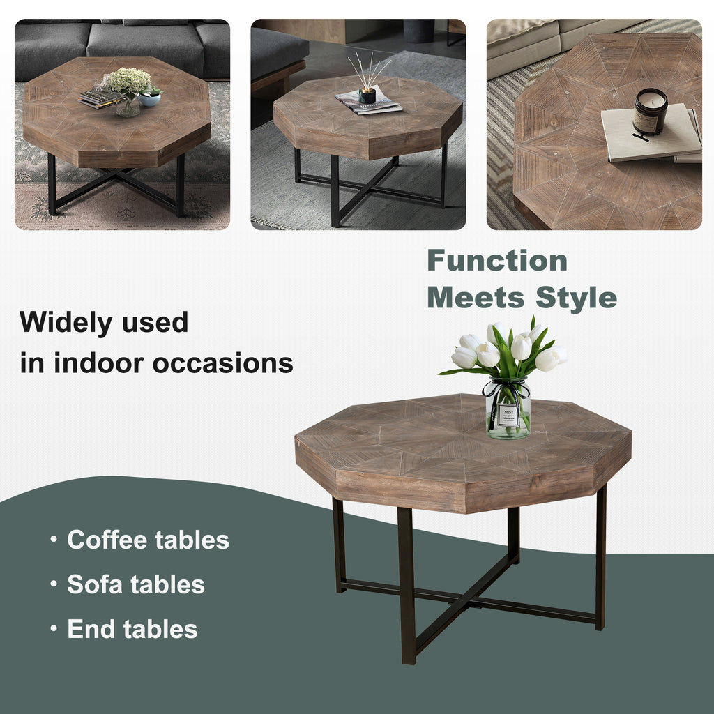Farmhouse octagonal coffee table beside sofa lifestyle photo