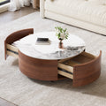 Modern Round Movable Coffee Table with Casters, 2 Drawers, Marble Pattern Sintered Stone Top, Walnut, 29.5'