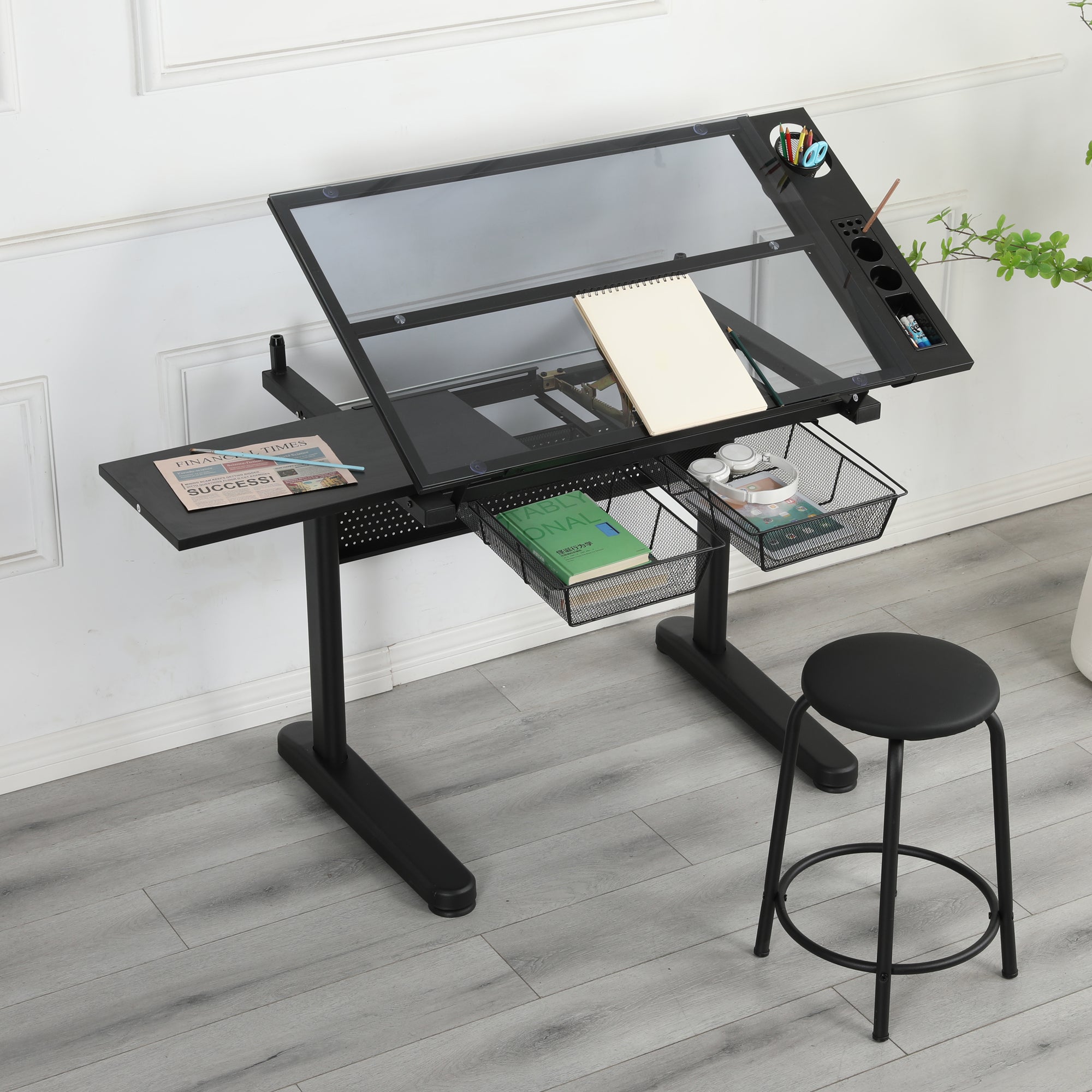 Black hand crank adjustable drafting table with glass top — front view