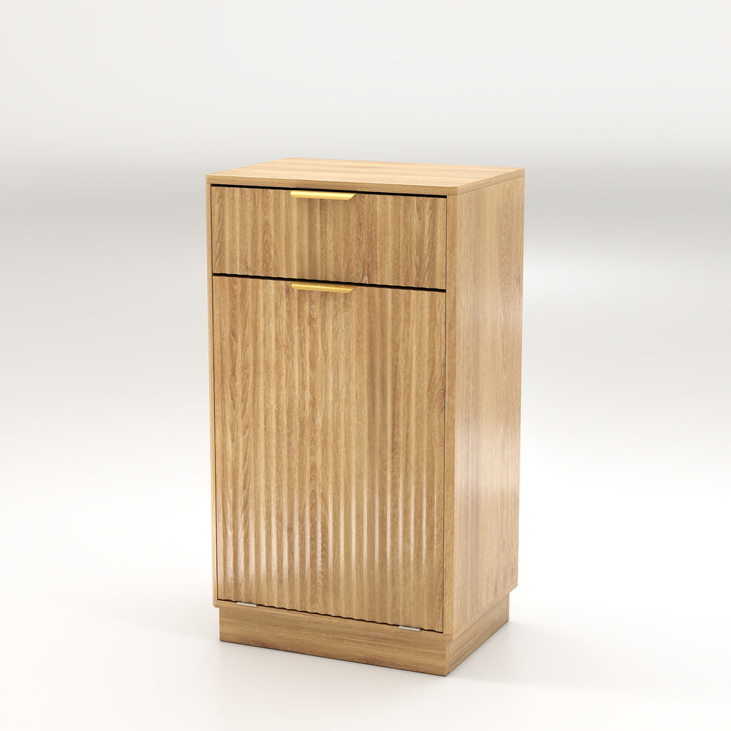 Woodgrain 10-Gallon Tilt-Out Trash Can Cabinet with Wave-Textured Drawer in Oak Finish