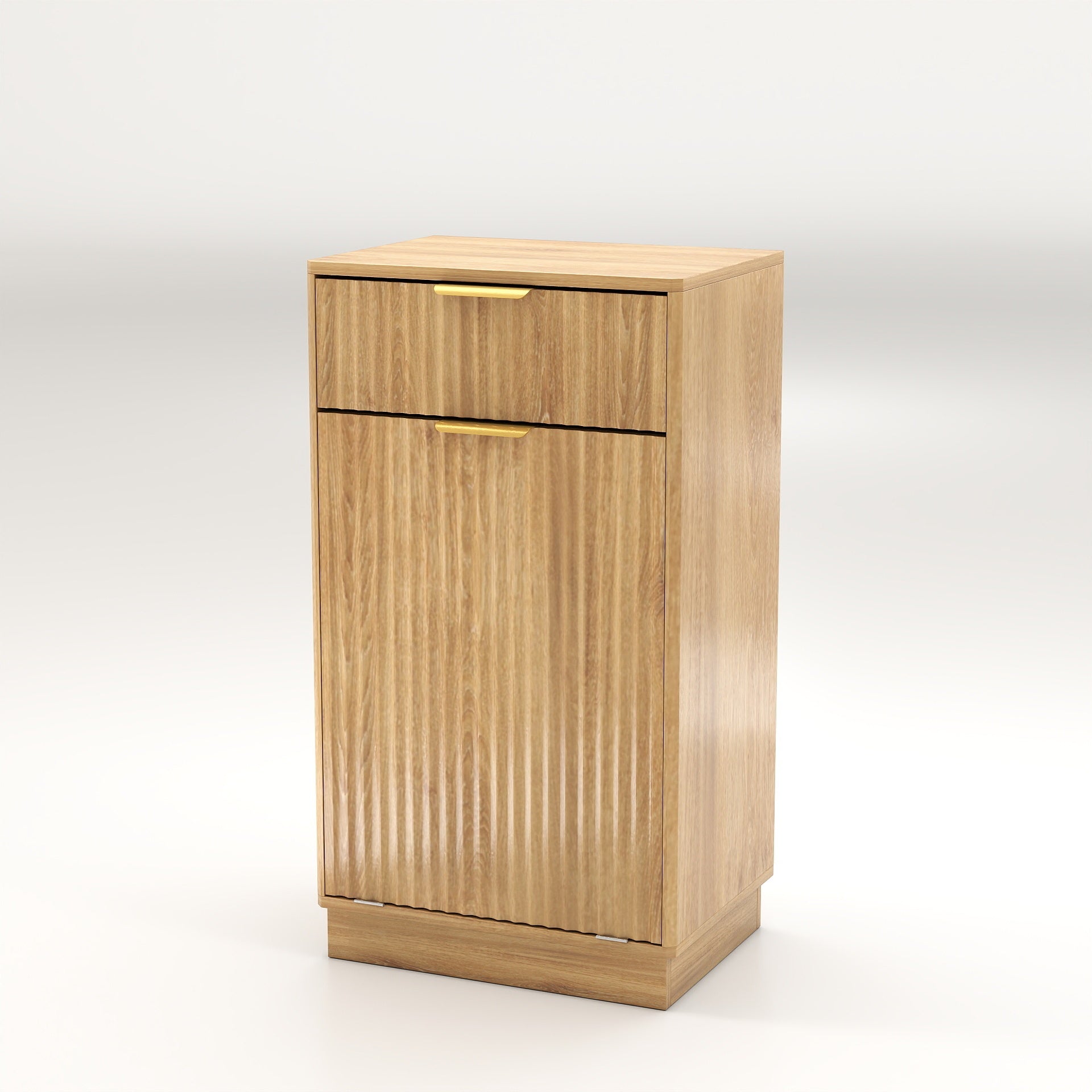 Woodgrain 10-Gallon Tilt-Out Trash Can Cabinet with Wave-Textured Drawer in Oak Finish