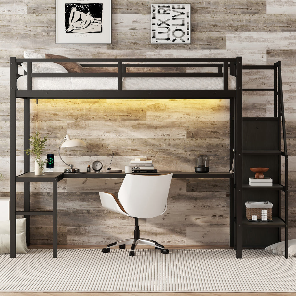 Twin XL loft bed with wardrobe and storage stairs — angle view