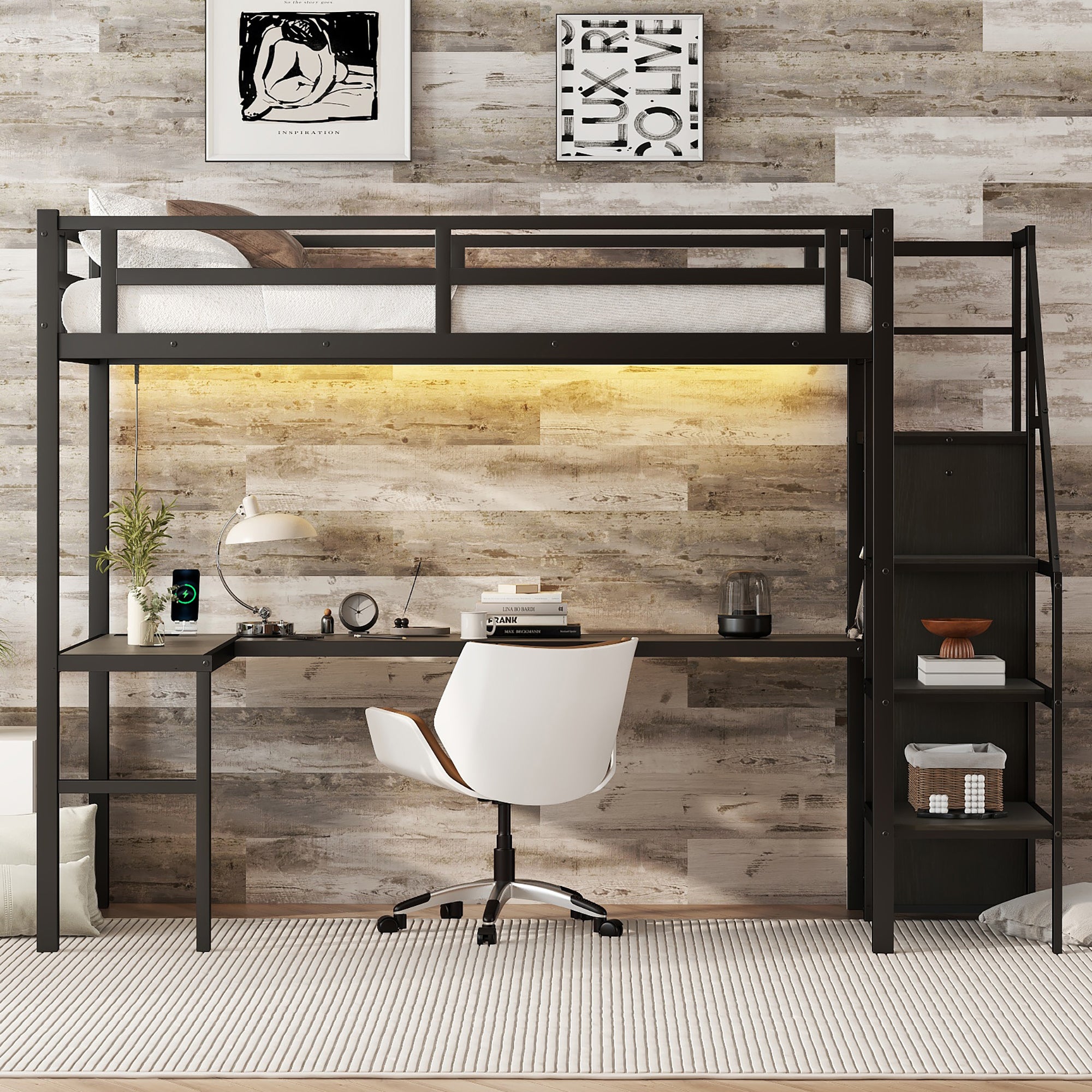 Twin XL loft bed with wardrobe and storage stairs — angle view
