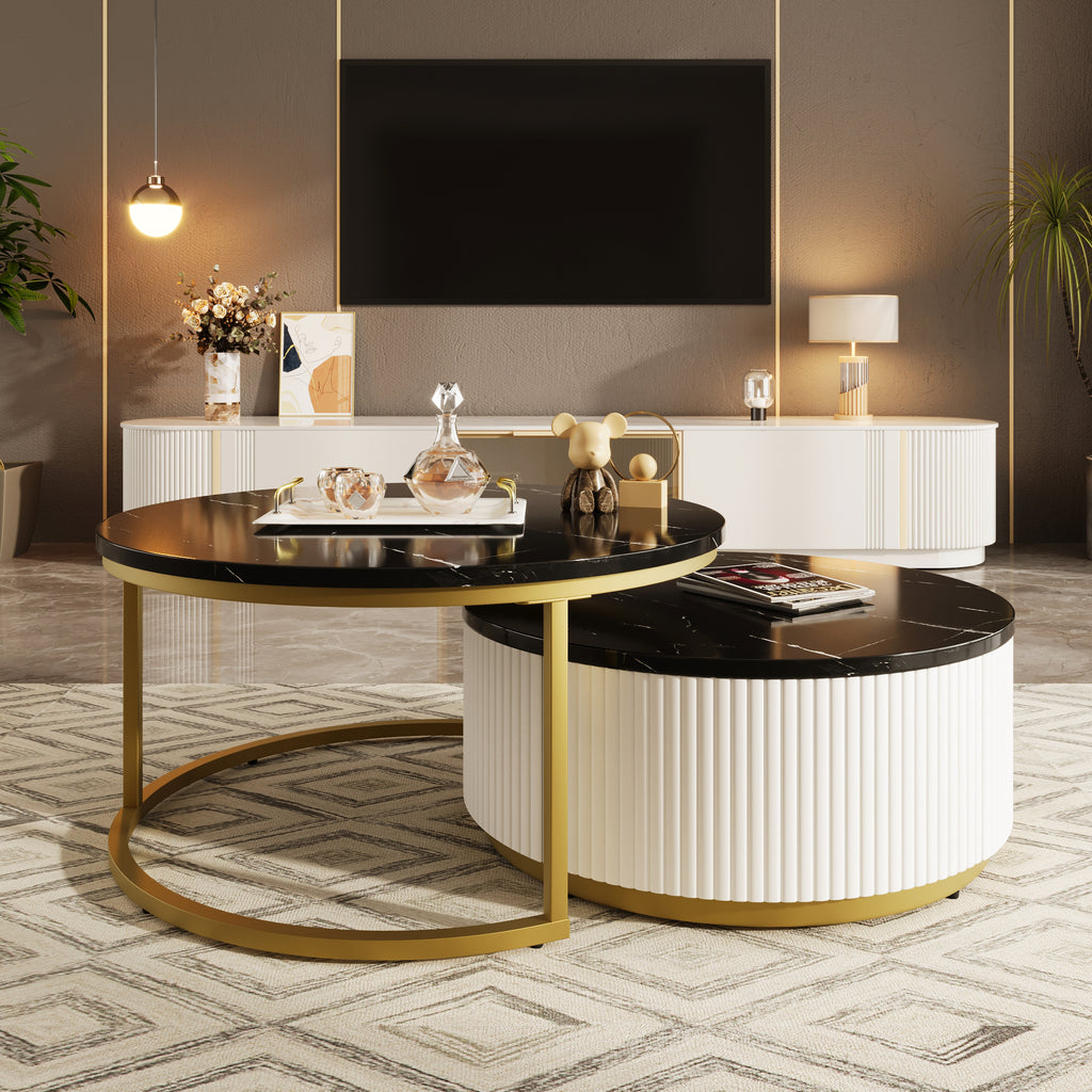 Black and gold round nesting coffee table set — front view