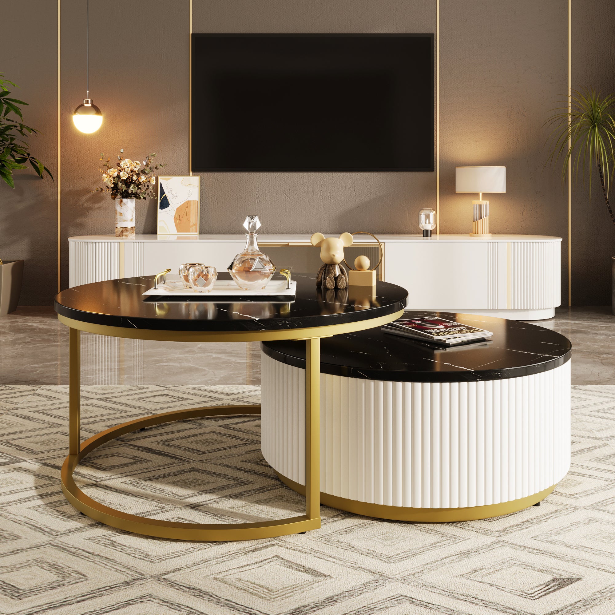 Black and gold round nesting coffee table set — front view