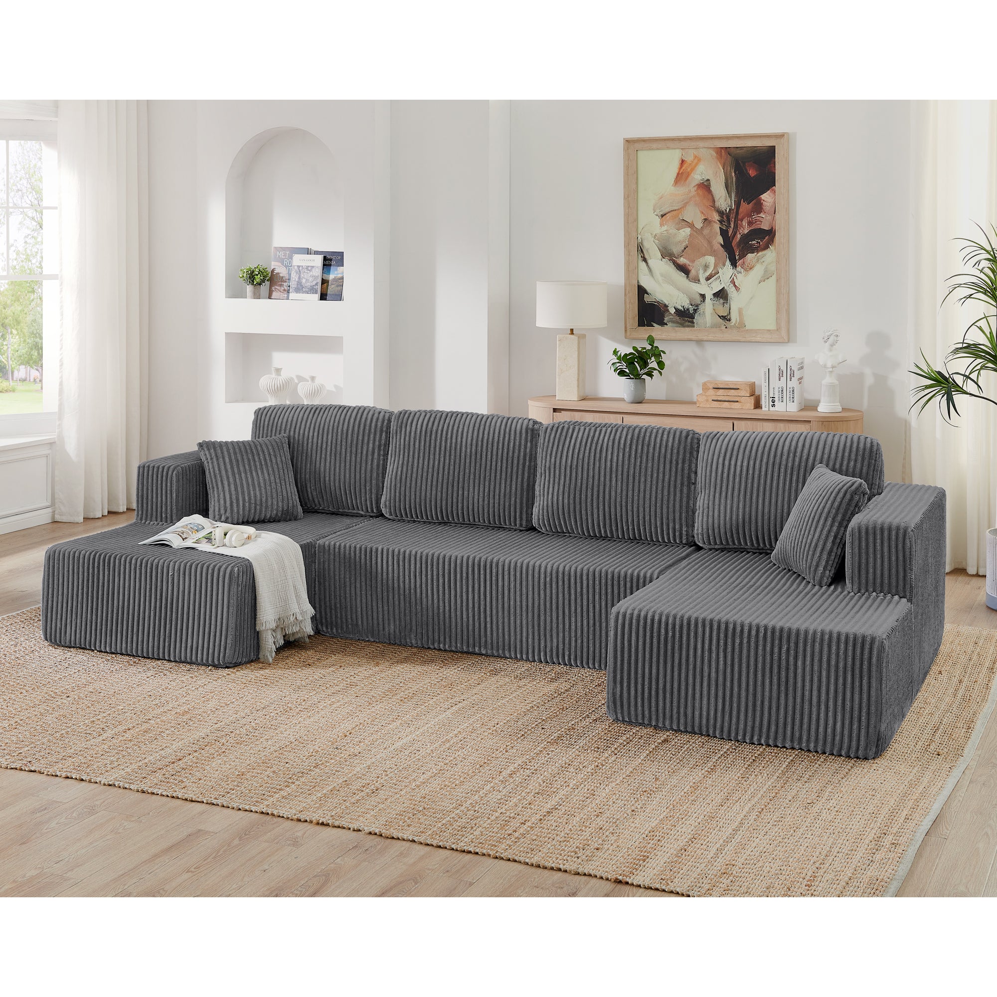 Grey corduroy U-shape modular sectional sofa — front view