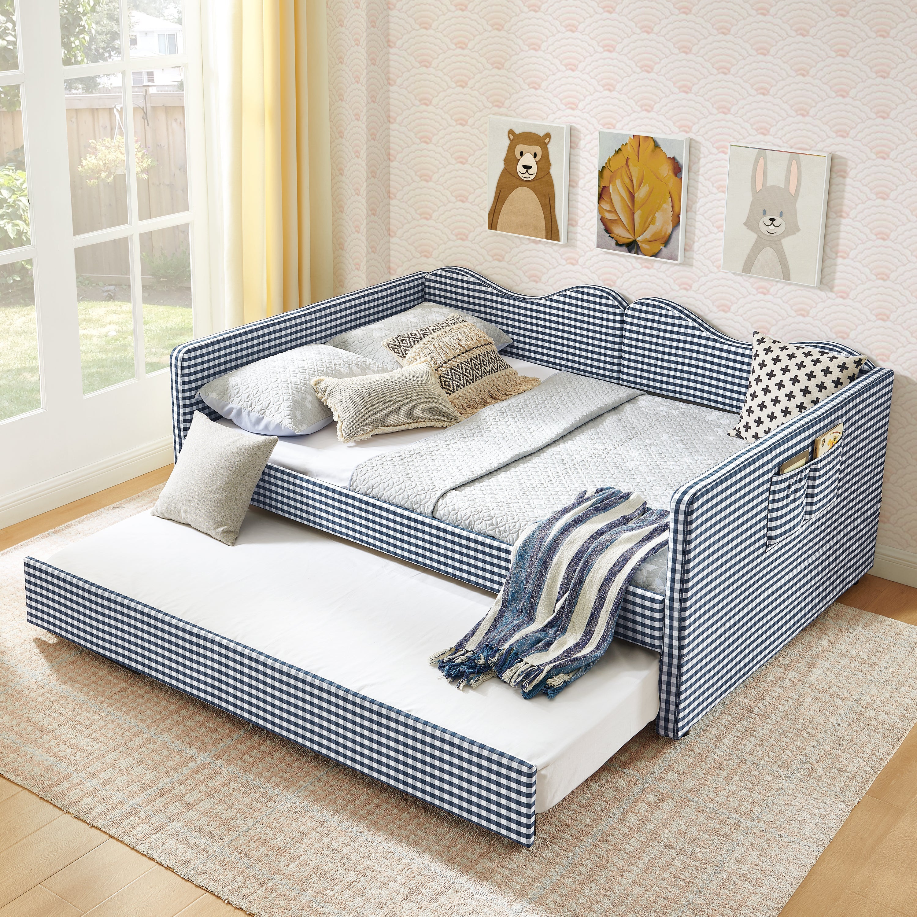 Full‑Size Daybed,Gingham Upholstered Daybed Equipped with Pull-Out Trundle Bed Frame & Side Storage Pocket, Solid Wood Frame Multi-Functional Sofa Bed for Kids Room & Guest Bedroom-PINK