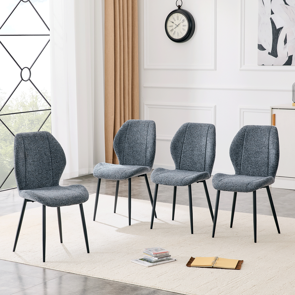 4-pack of modern minimalist dining chairs in smog blue fabric, featuring spacious and comfortable cushions.Black metal legs and adjustable feet, suitable for dining room, study & office ,etc.