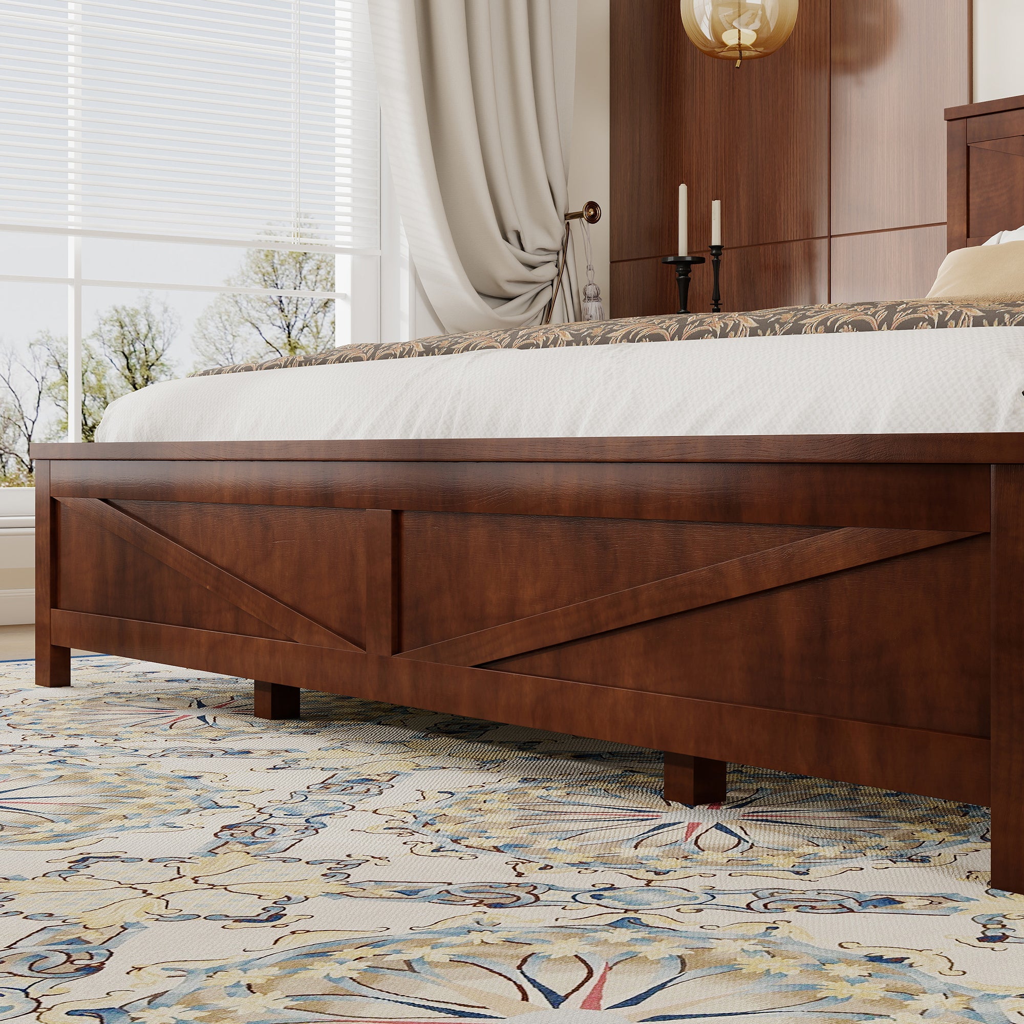 Farmhouse Style King Size Bed with Barn Door Designed Headboard and Footboard, Pinewood Bed with Strengthened Bed Frame,White