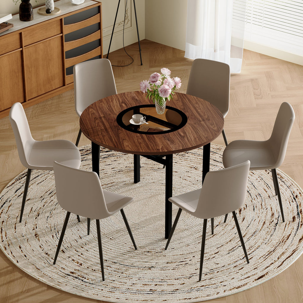 Table and chair set.42 inch modern minimalist brown wood grain round dining table set.Paired with 6 Black Artificial PU Chairs With Curved Widened Cushion Design. Suitable for dining rooms,office,etc.