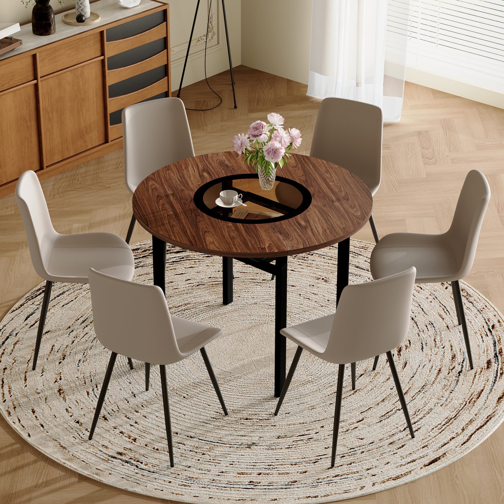 Table and chair set.42 inch modern minimalist brown wood grain round dining table set.Paired with 6 Black Artificial PU Chairs With Curved Widened Cushion Design. Suitable for dining rooms,office,etc.
