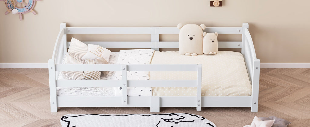 Twin Montessori Floor Bed with Slats and Safety Guardrails, Solid Wood Floor Bed with Fence and Without Door, Easy Assemble Montessori Bed for Girls and Boys, Gray