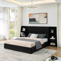 Queen Size Modern Storage Platform Bed Frame, Glossy Velvet Headboard with Side Bookcases & Drawer, Mattress Excluded-Black